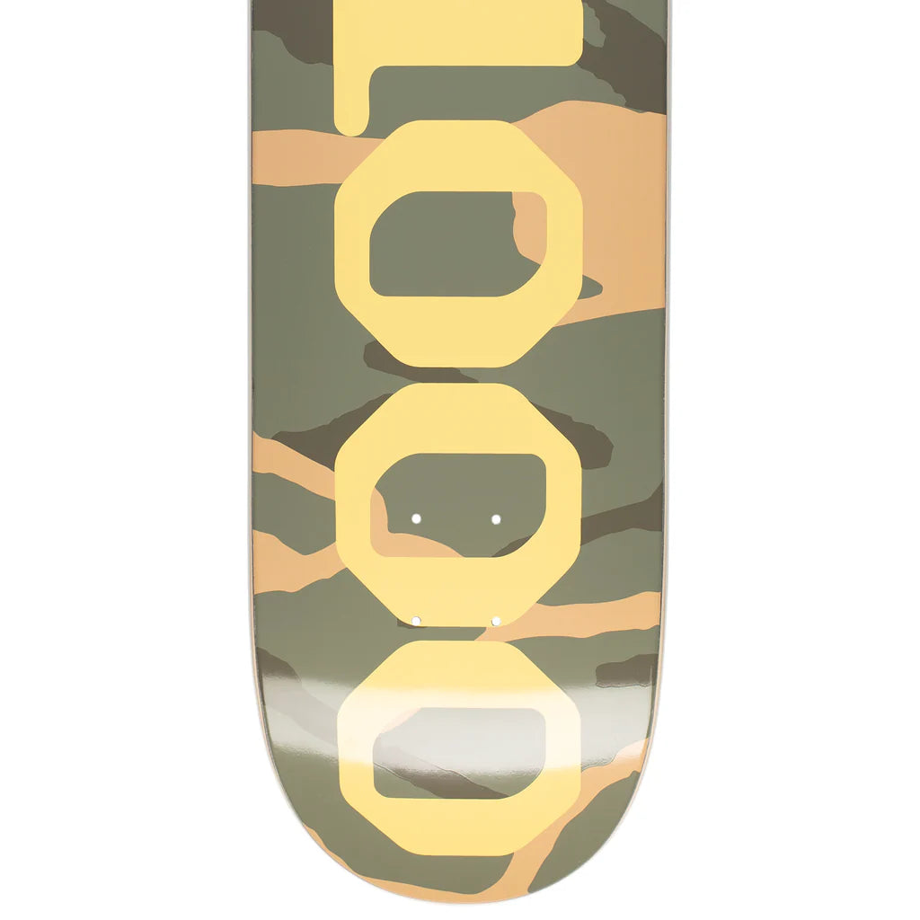 Skateboard deck with camouflage pattern and yellow logo on a white background