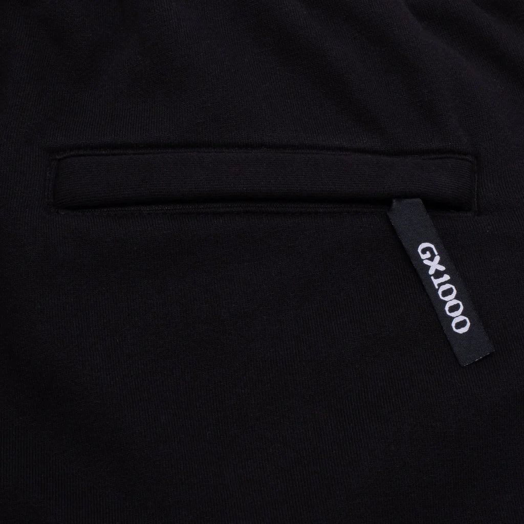 Close-up of a black jacket with a 'GX1000' label on a dark background