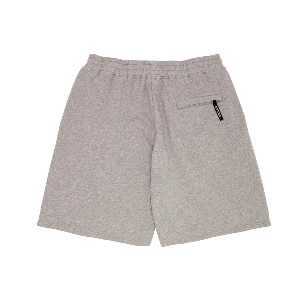 Gray shorts with a small logo on a white background