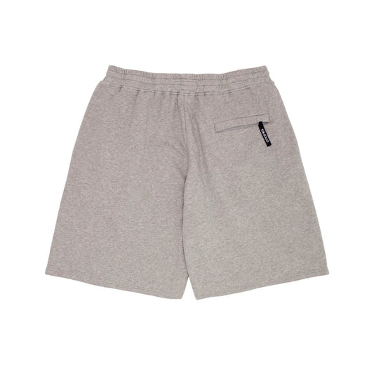 Gray shorts with a small logo on a white background
