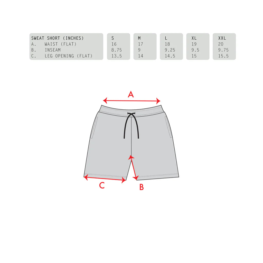 Measurement chart for sweat shorts with size chart on a white background