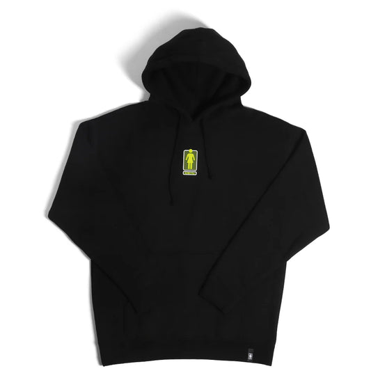 Black hoodie with a logo on the chest against a white background