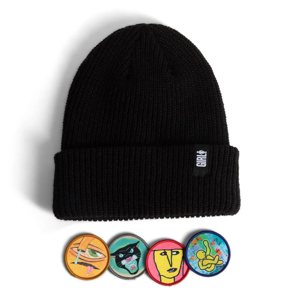 Black beanie with a brand logo and colorful buttons on a white background