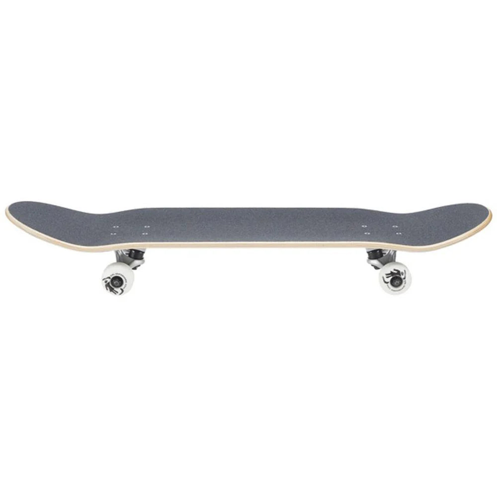 Skateboard with a black deck and white trucks on a white background