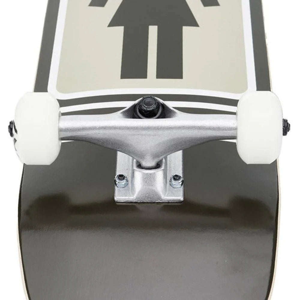 Close-up of a skateboard with a black deck, silver trucks, and white wheels on a white background.