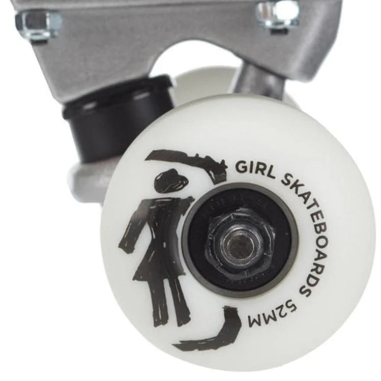 Close-up of a skateboard wheel with 'Girl Skateboards' branding on a white background