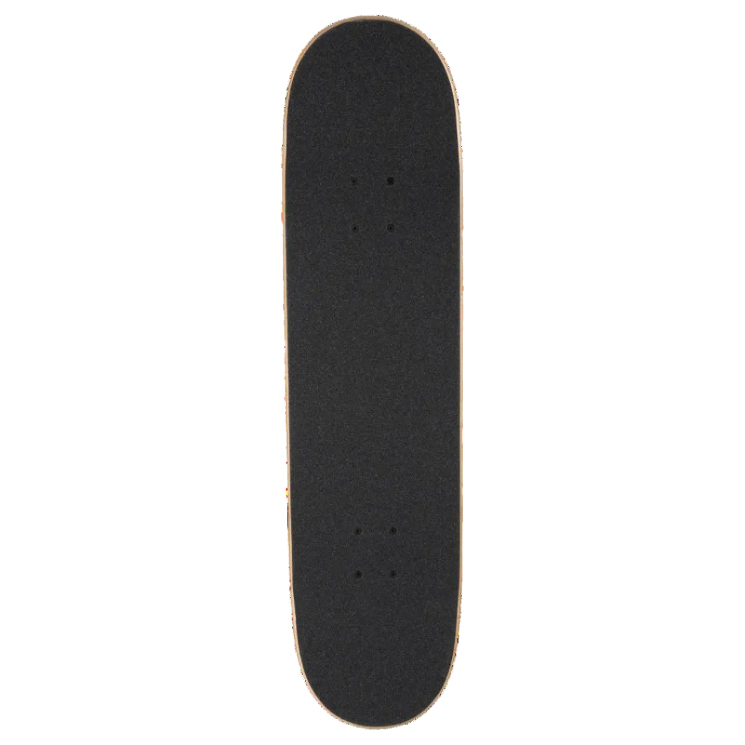 A skateboard deck with black grip tape on a solid white background.