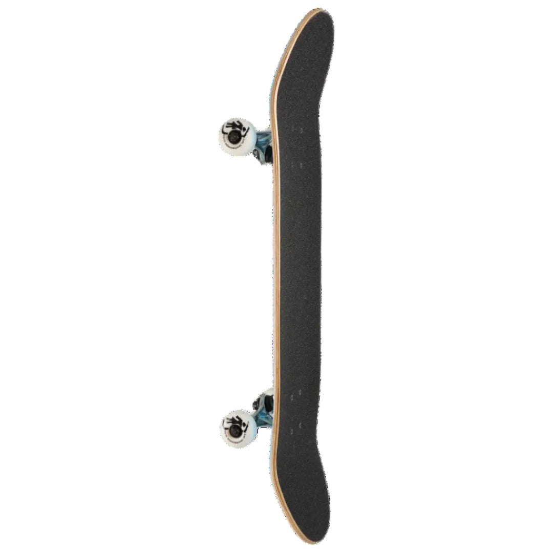 A skateboard shown vertically from the side against a plain white background, featuring a black grip tape deck, natural wood edge, and silver wheels with blue trucks.