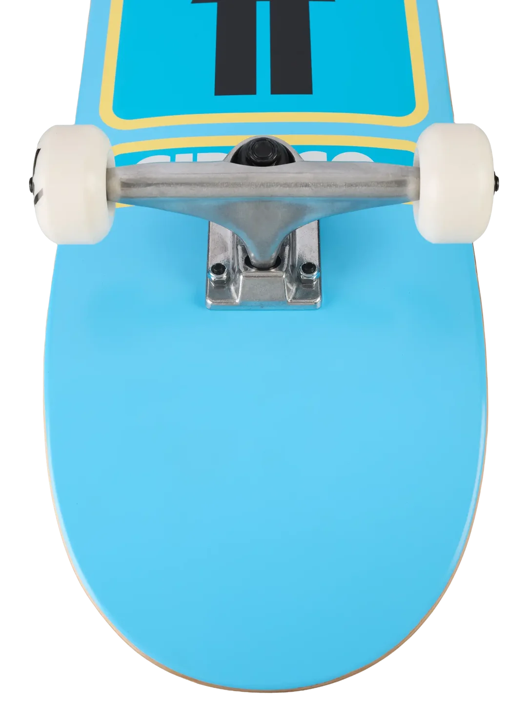 Close-up of the front portion of a skateboard with a bright light blue deck, white wheels, silver trucks, and a graphic featuring a black double-tire symbol and yellow border on a white background.
