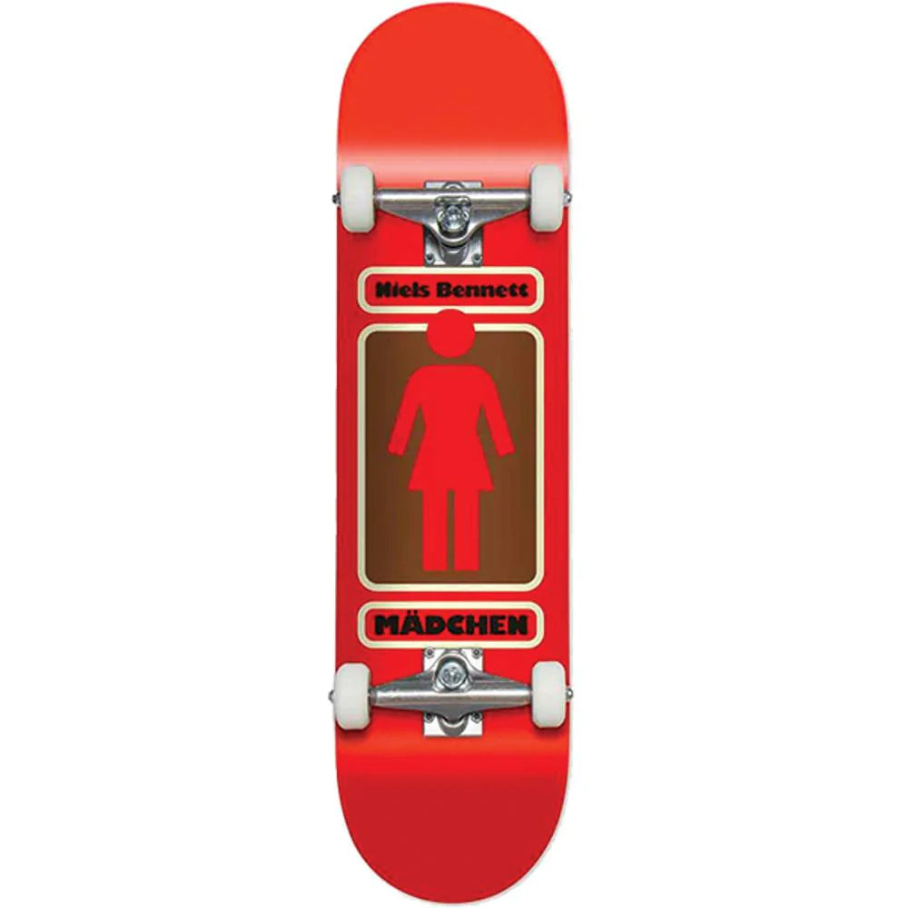 Red skateboard with a graphic design on a white background