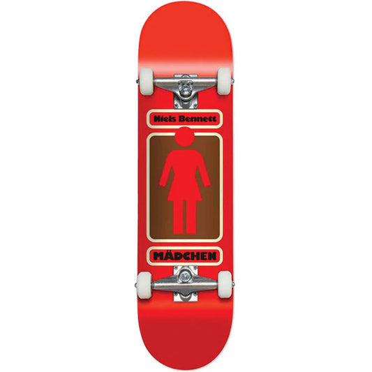 Red skateboard with a graphic design on a white background