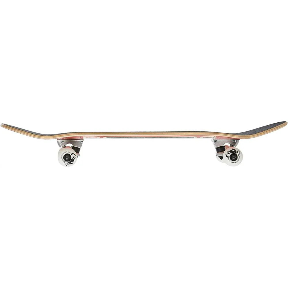 Skateboard with a wooden deck and metal trucks on a white background