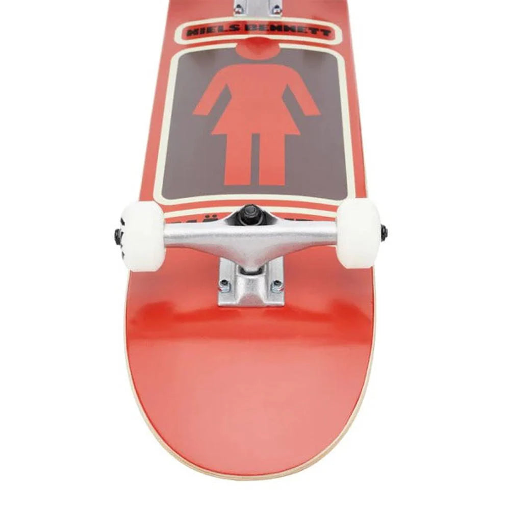 Skateboard with red symbol on the deck against a white background