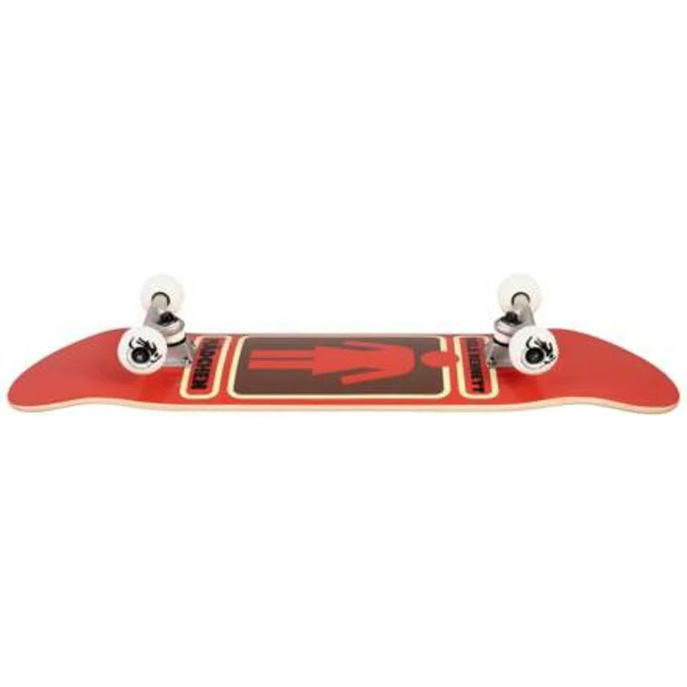Red skateboard deck with a black and red graphic on a white background
