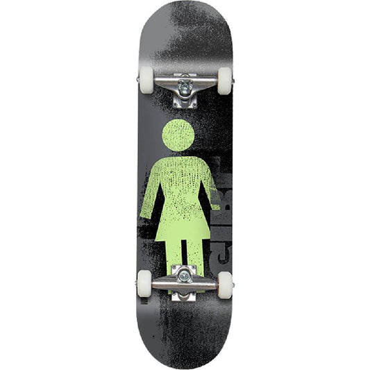 Skateboard with a green figure design on a black background