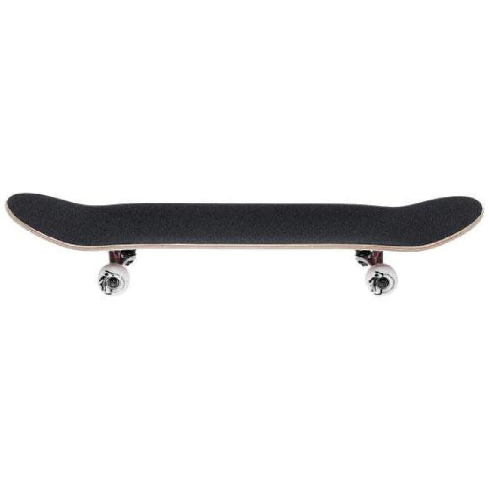 Black skateboard with white wheels on a white background