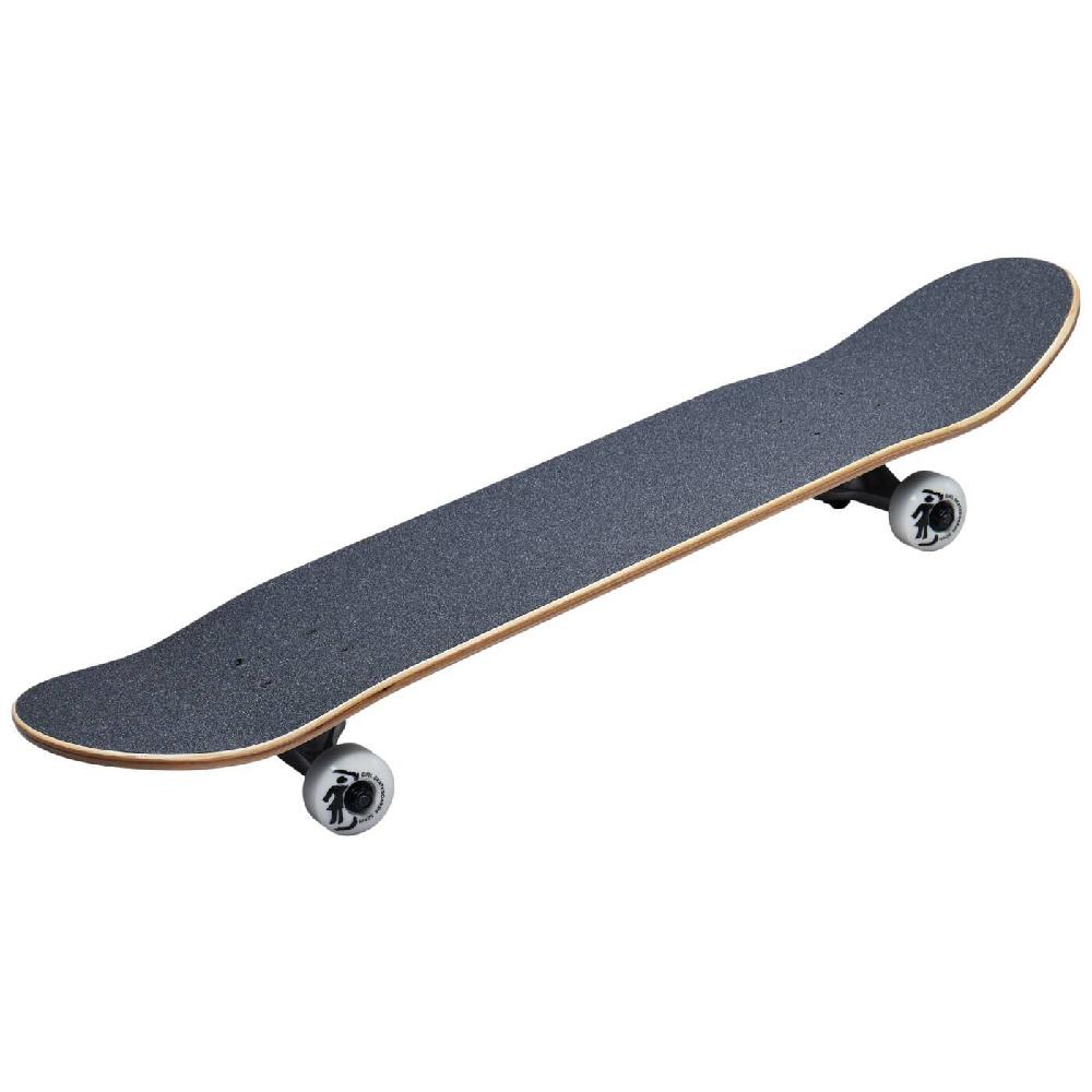 Skateboard with a black deck and white trucks on a white background