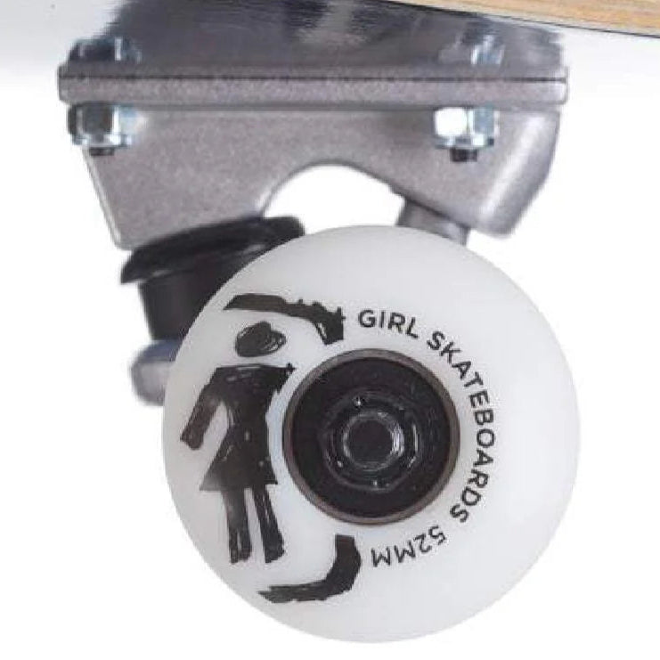 Close-up of a skateboard wheel with 'Girl Skateboards' logo on a white background