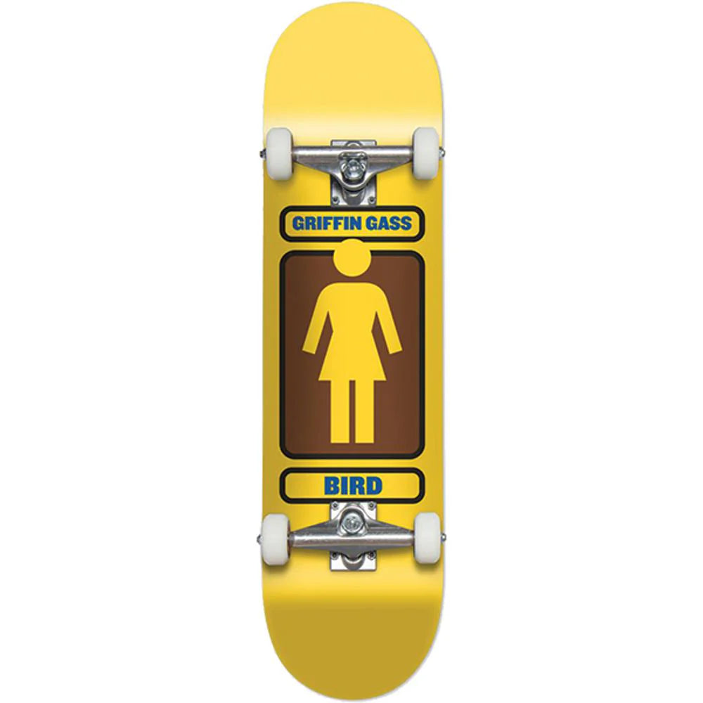 Yellow skateboard with a graphic design on a white background