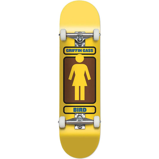 Yellow skateboard with a graphic design on a white background