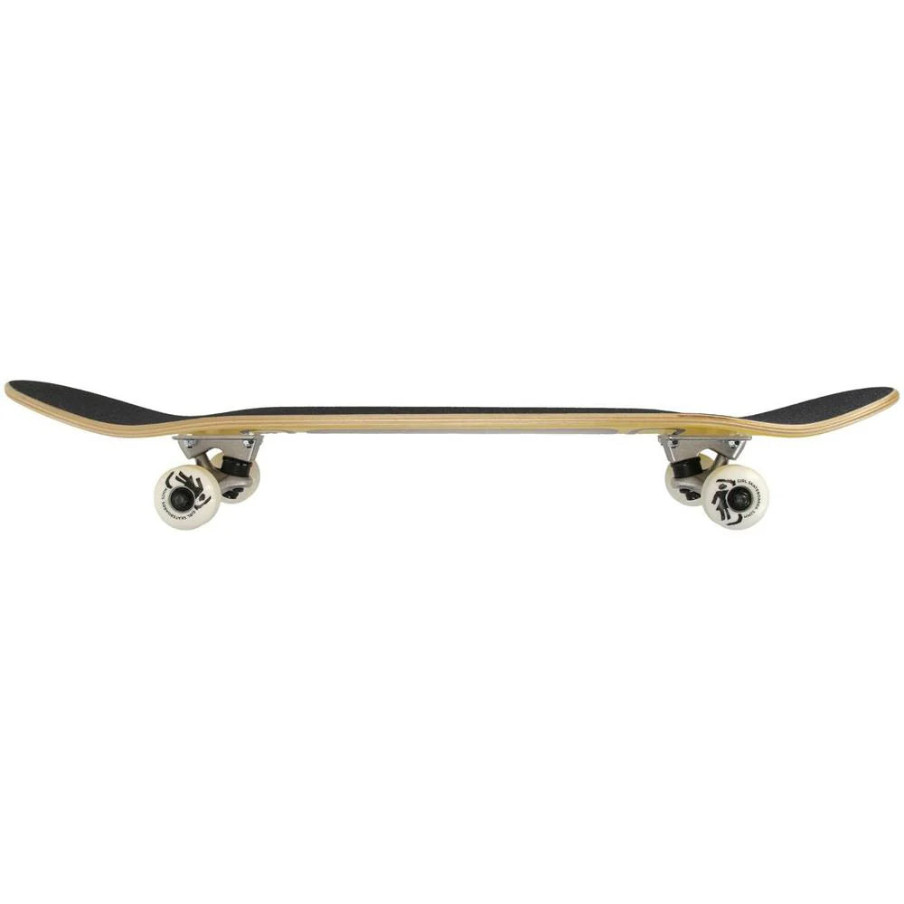 Skateboard with a wooden deck and black grip tape on a white background