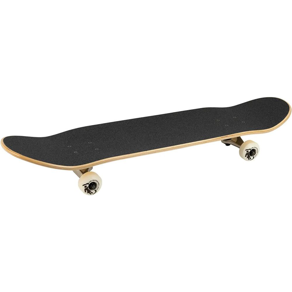 Skateboard with black deck and white wheels on a white background