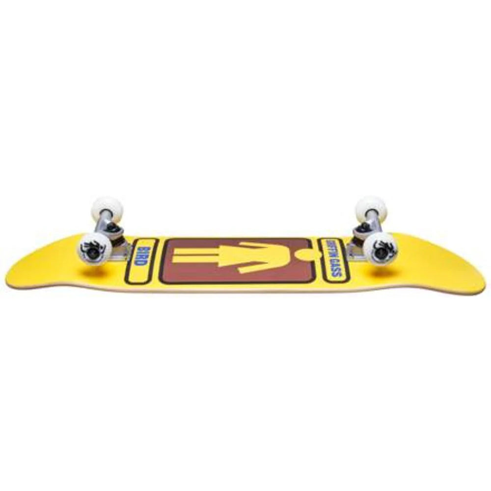 Yellow skateboard deck with a brown and yellow graphic on a white background