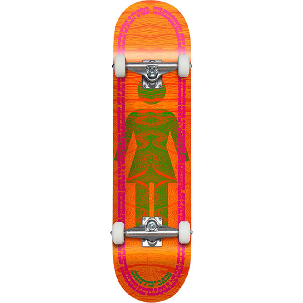 Orange skateboard with green and pink design on a white background