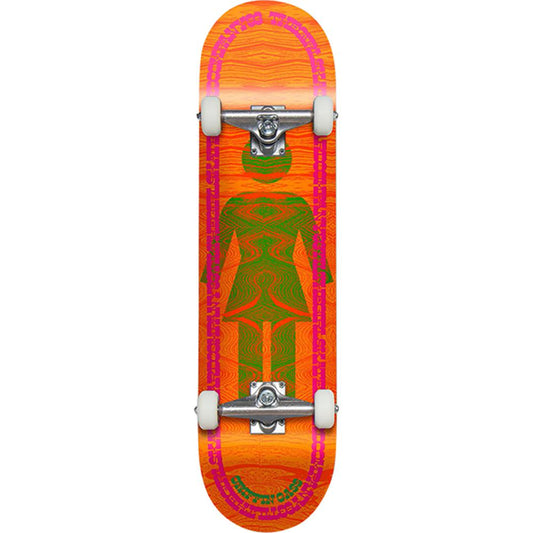 Orange skateboard with green and pink design on a white background