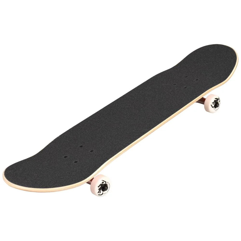 Skateboard with black deck and white trucks on a white background