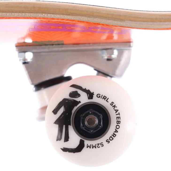 Close-up of a skateboard wheel with 'Girl Skateboards' branding on a white background