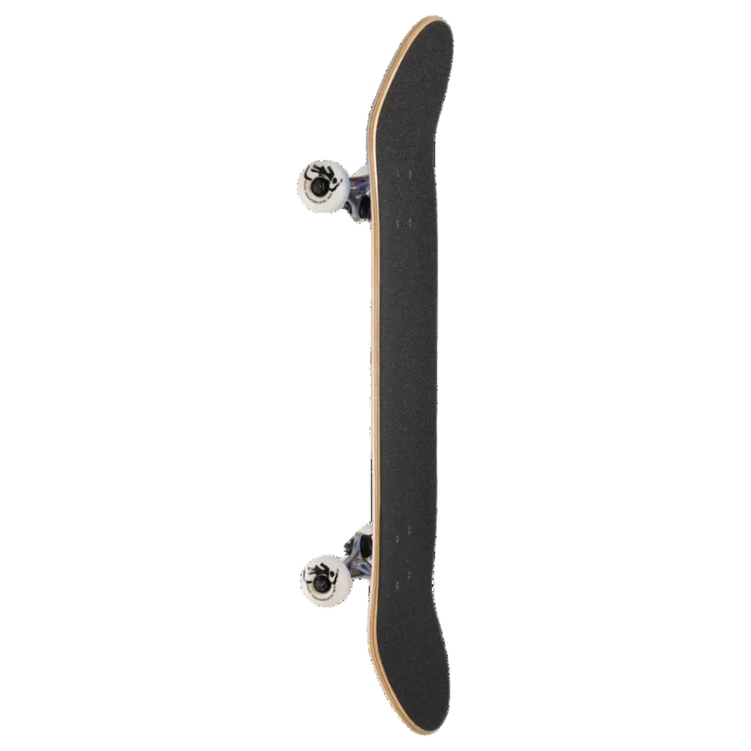 A skateboard shown vertically against a plain white background, displaying its black grip tape deck, natural wood edge, and silver wheels.