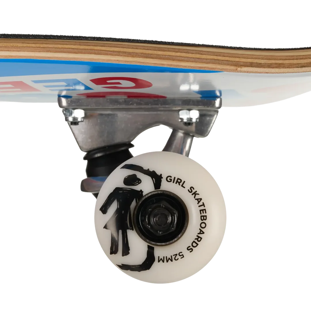 Close-up of a skateboard wheel and truck assembly on a white background. The wheel is white with a black printed stick-figure graphic and the text 'GIRL SKATEBOARDS 52MM'.