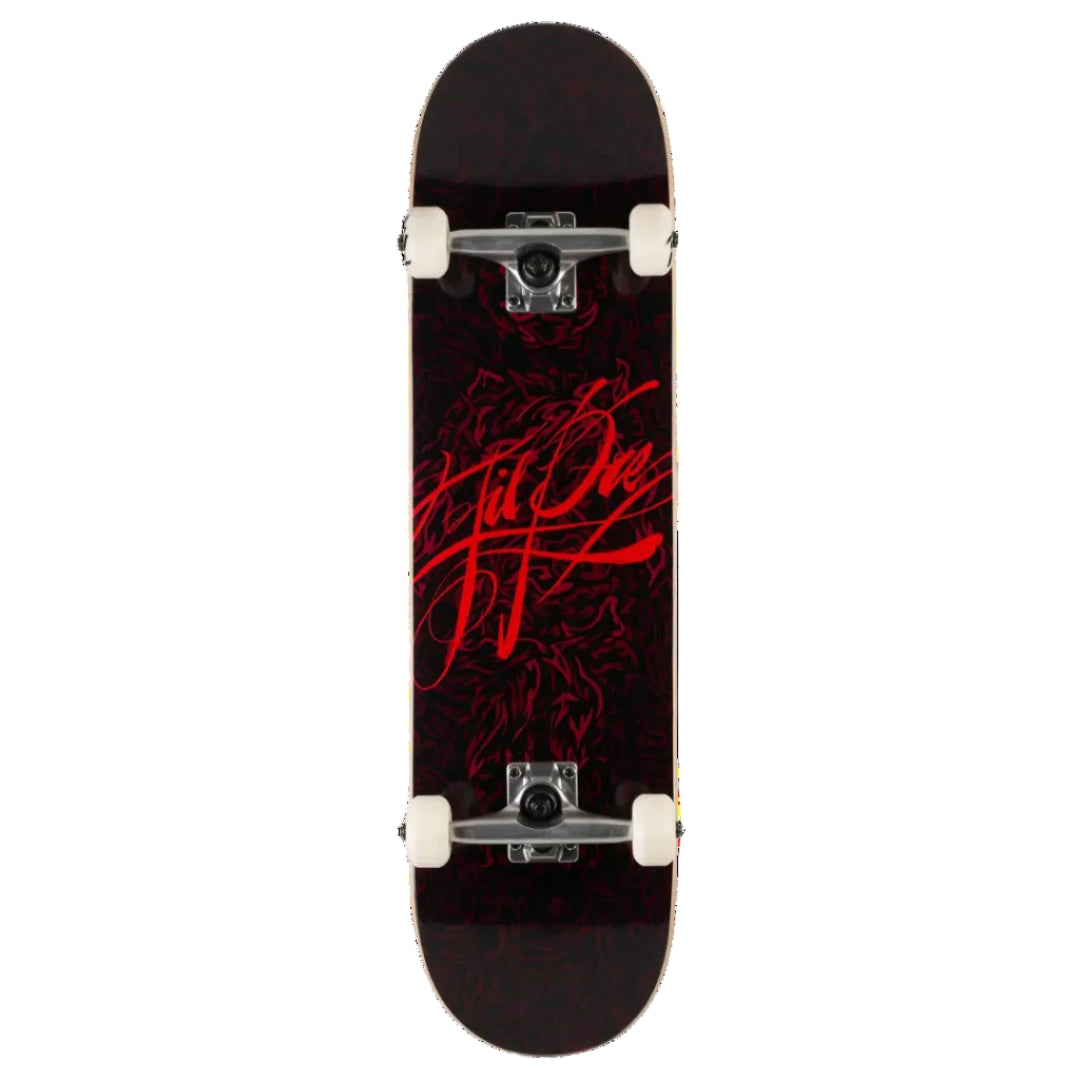 A skateboard shown from the underside, featuring a black and dark red graphic design with a stylized red script logo, mounted with white wheels and silver trucks against a plain white background.