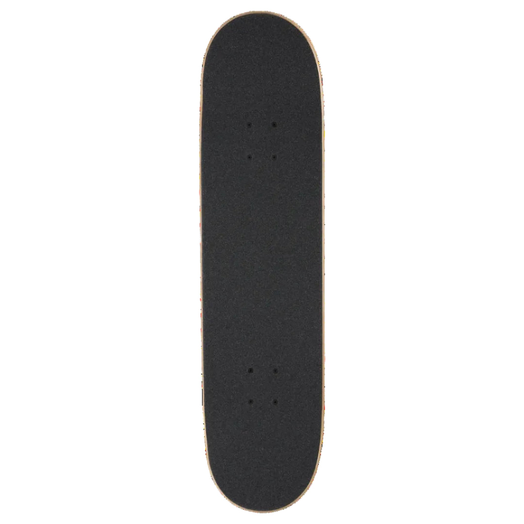 A black skateboard deck with grip tape, shown vertically against a plain white background.