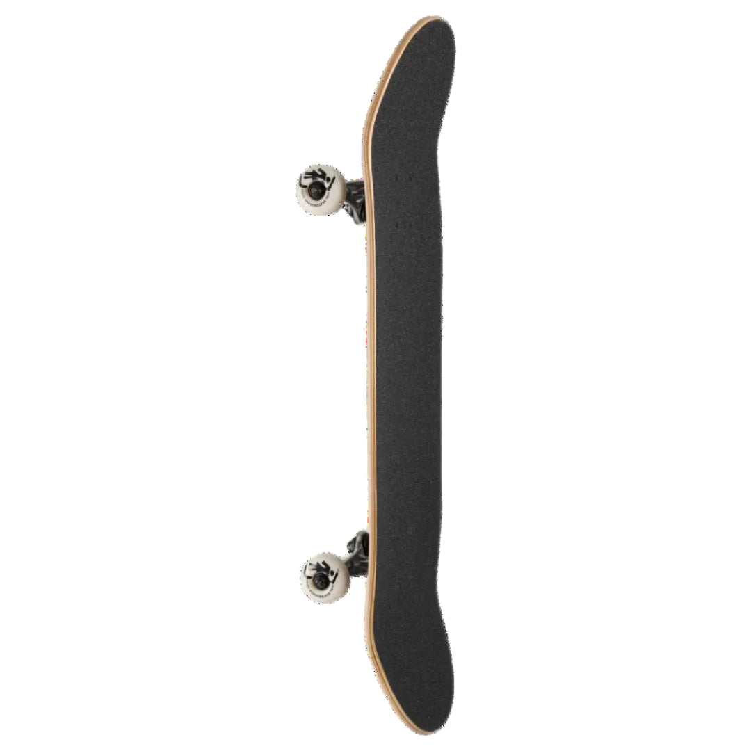 A skateboard shown vertically against a plain white background, featuring a black grip tape deck with a natural wood edge and silver wheels.
