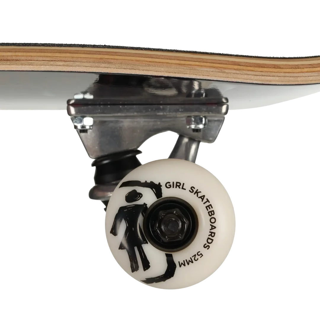 Close-up of a skateboard wheel and truck with part of the wooden deck visible against a white background. The wheel is white with a black graphic and the text 'GIRL SKATEBOARDS 52MM'.