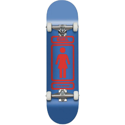 Blue skateboard with red graphic on a white background
