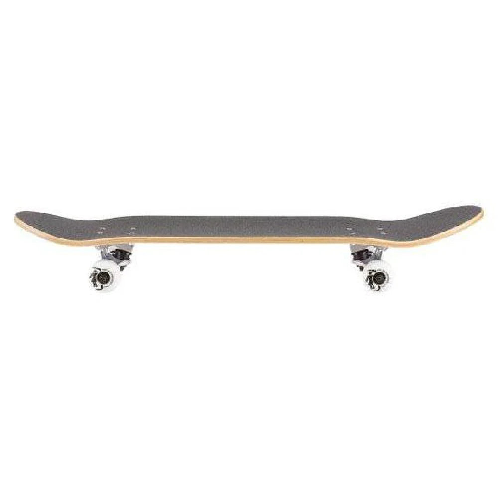 Skateboard with a black deck and white wheels on a white background
