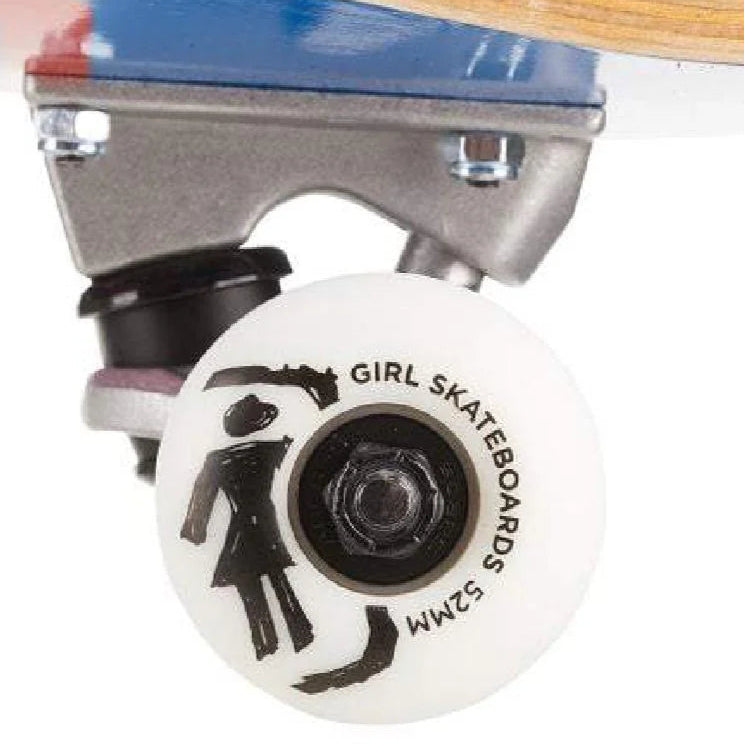 Close-up of a skateboard wheel with 'Girl Skateboards' branding on a white background