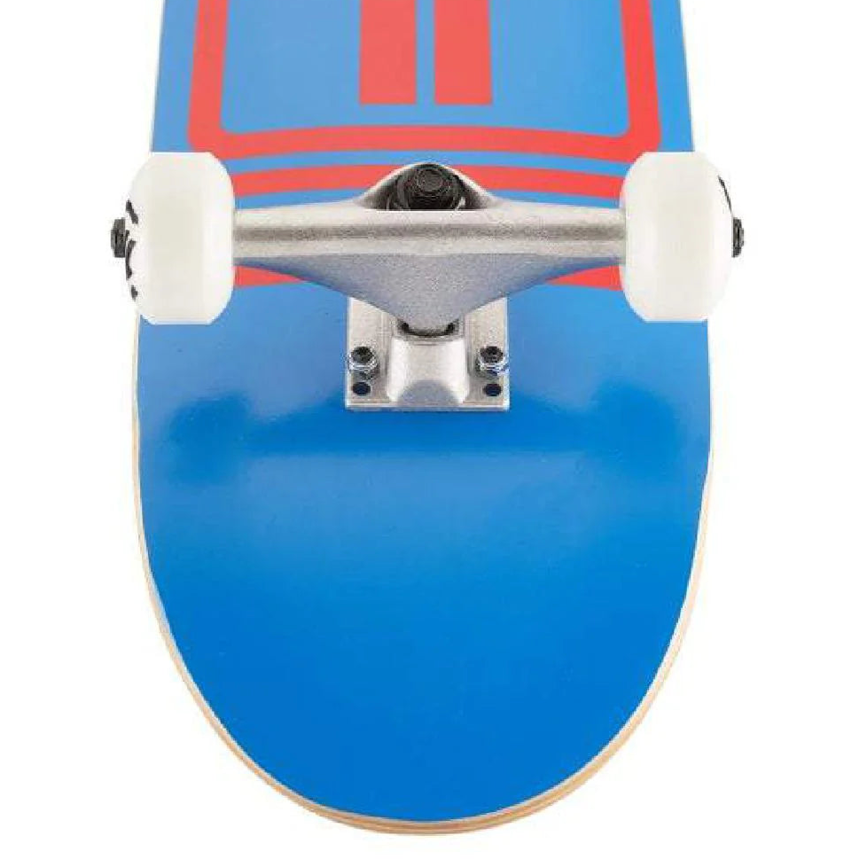 Blue skateboard with red design on a white background