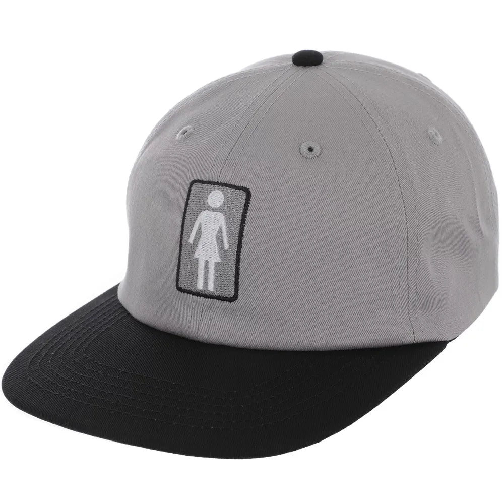 Gray and black cap with a logo on a white background