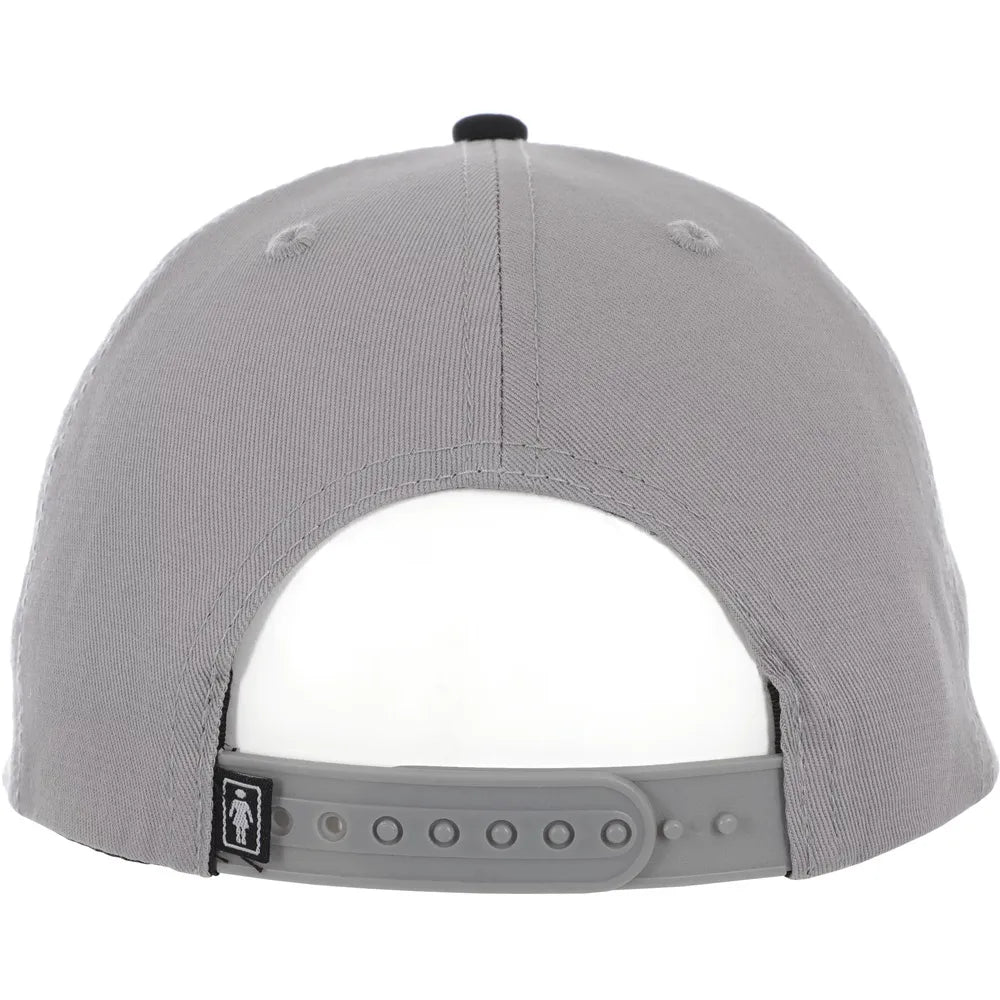 Gray cap with a brand logo on the back against a white background