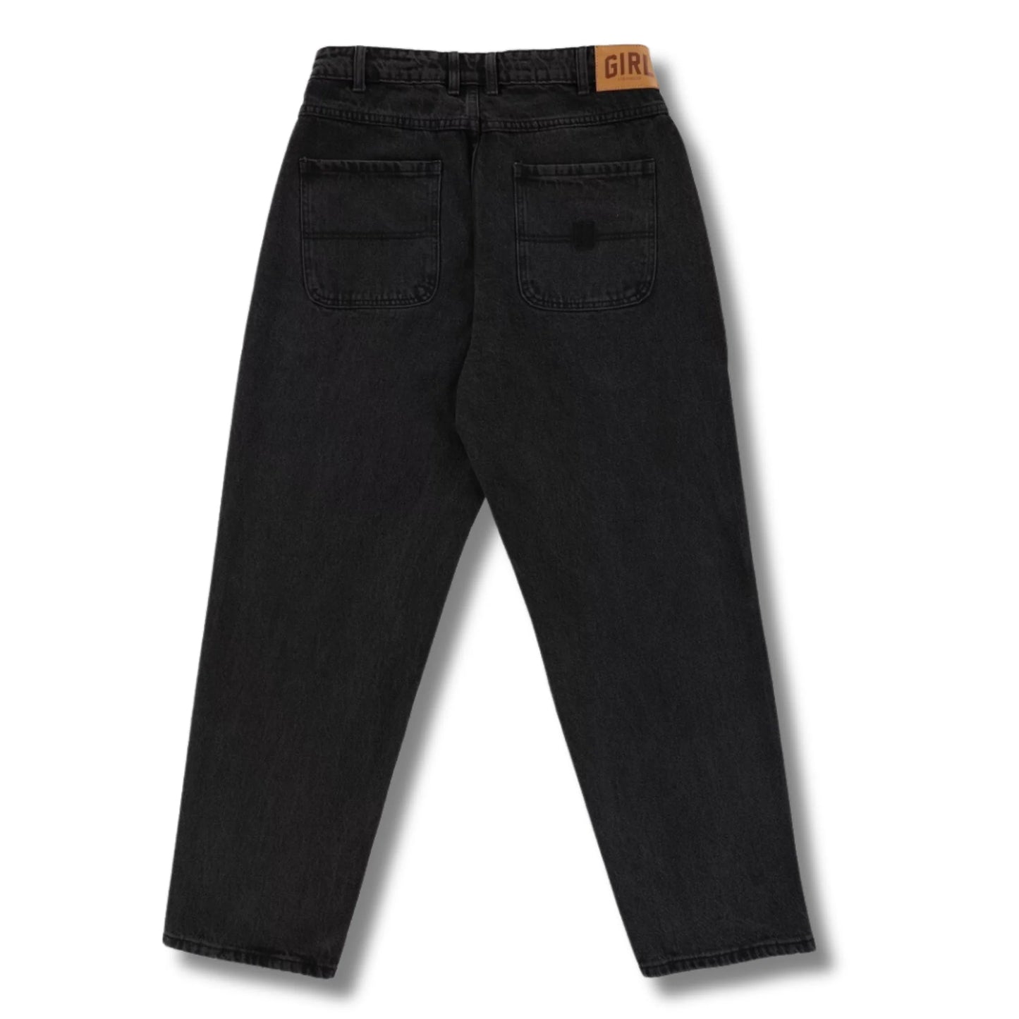 Black pants with a visible brand label on a white background
