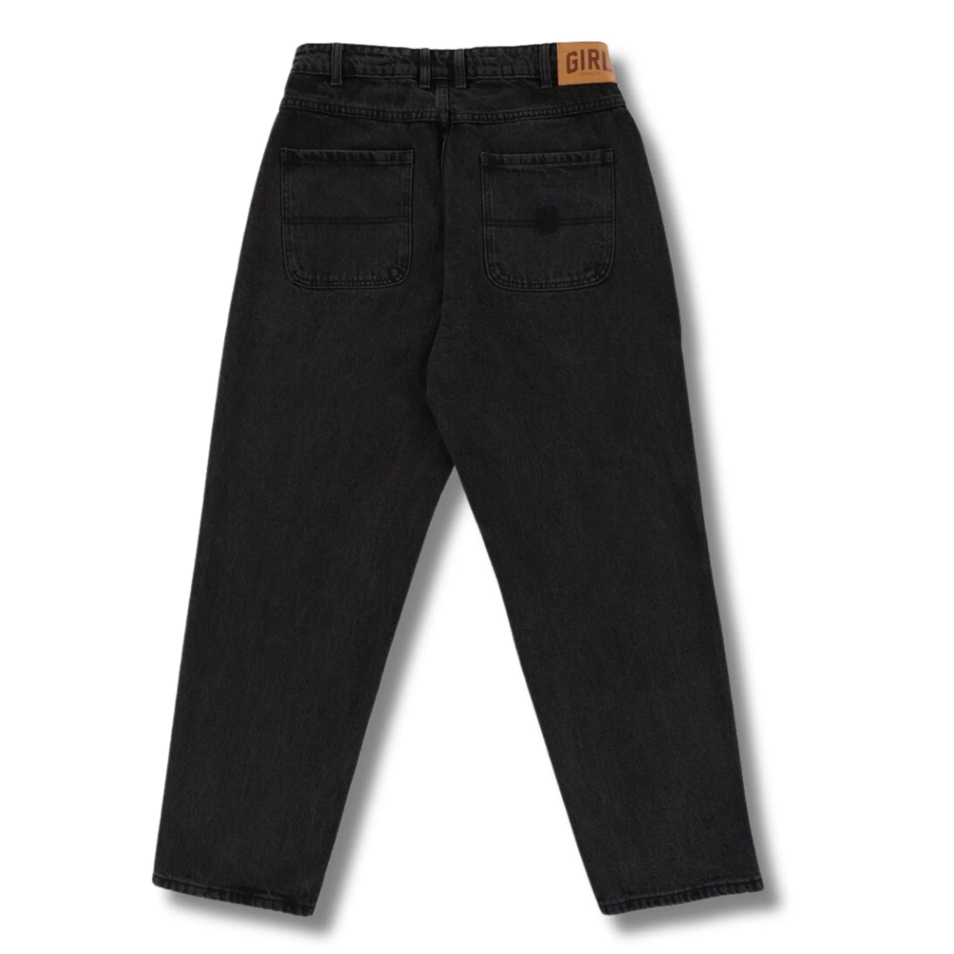 Black pants with a visible brand label on a white background