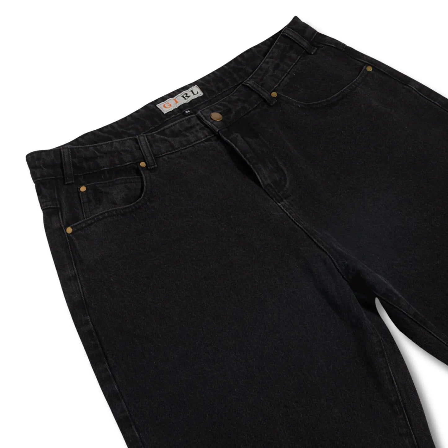 Black jeans with brand labels on a white background