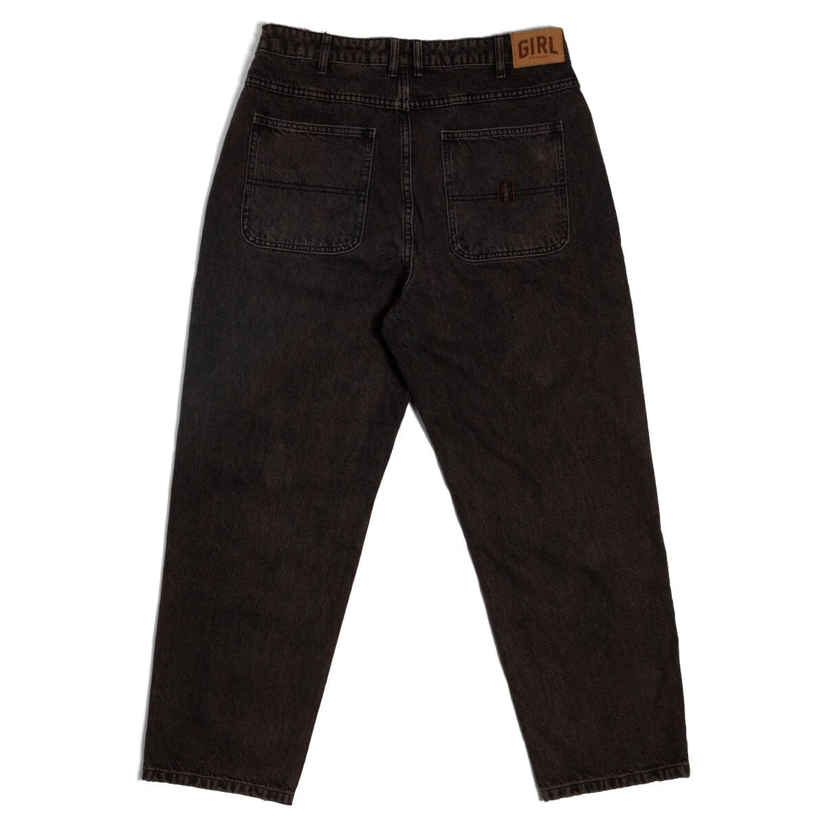 Dark jeans with a visible brand label on a white background