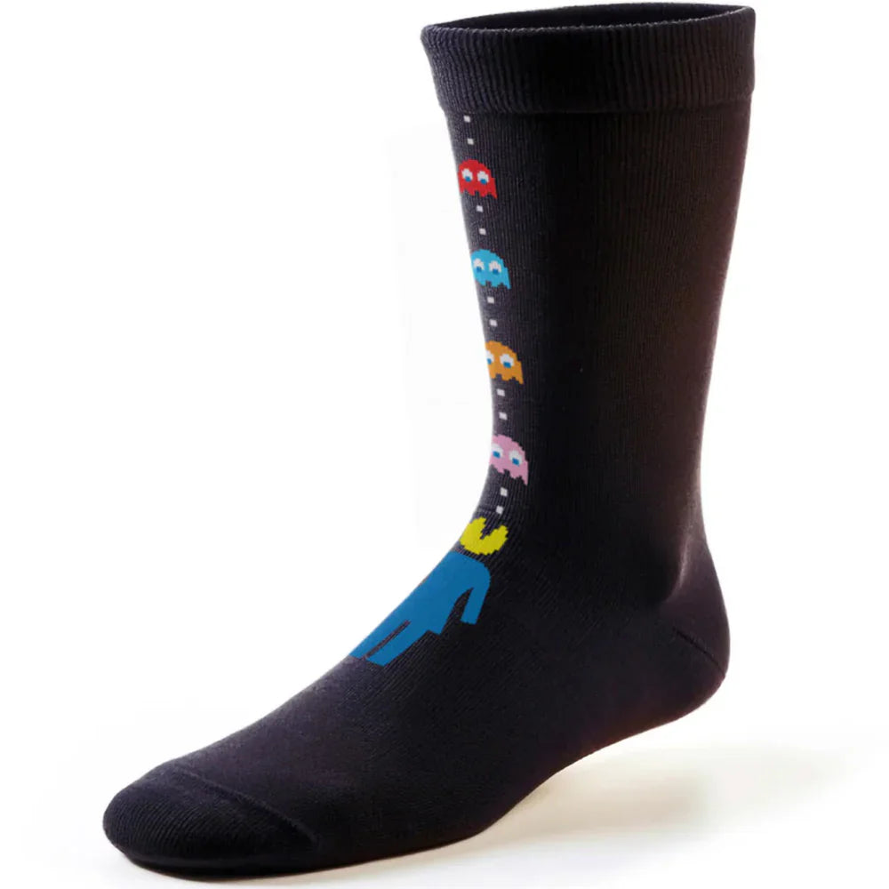 Black sock with colorful car design on a white background