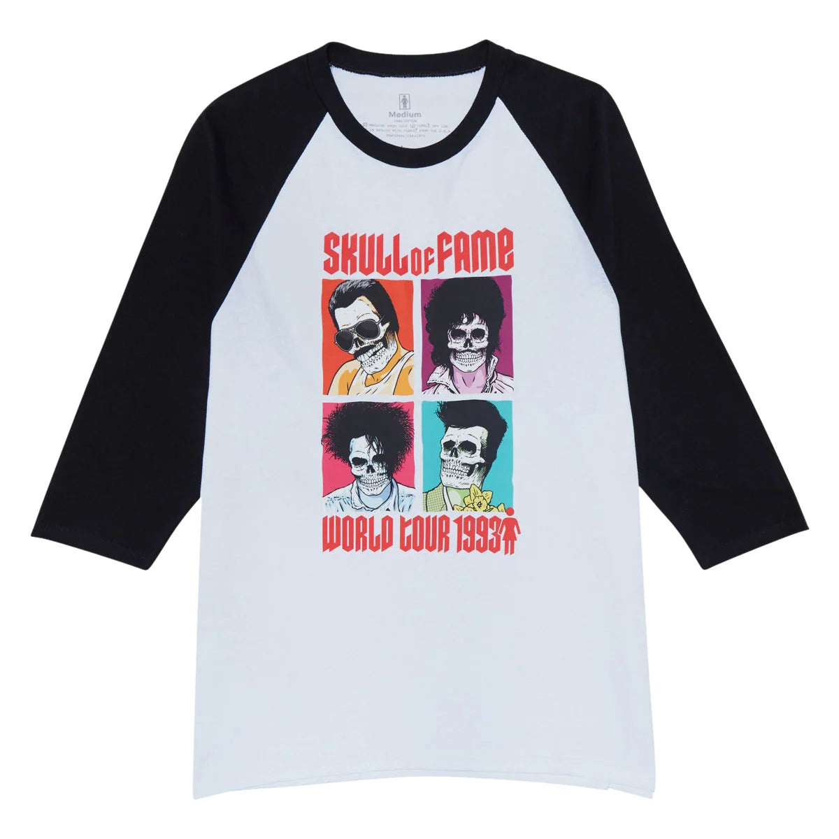 A 3/4 sleeve raglan t-shirt with a white body and black sleeves, featuring a colorful graphic print of Jim Jones with the text 'SKULL OF FAME' and 'WORLD TOUR 1993'.