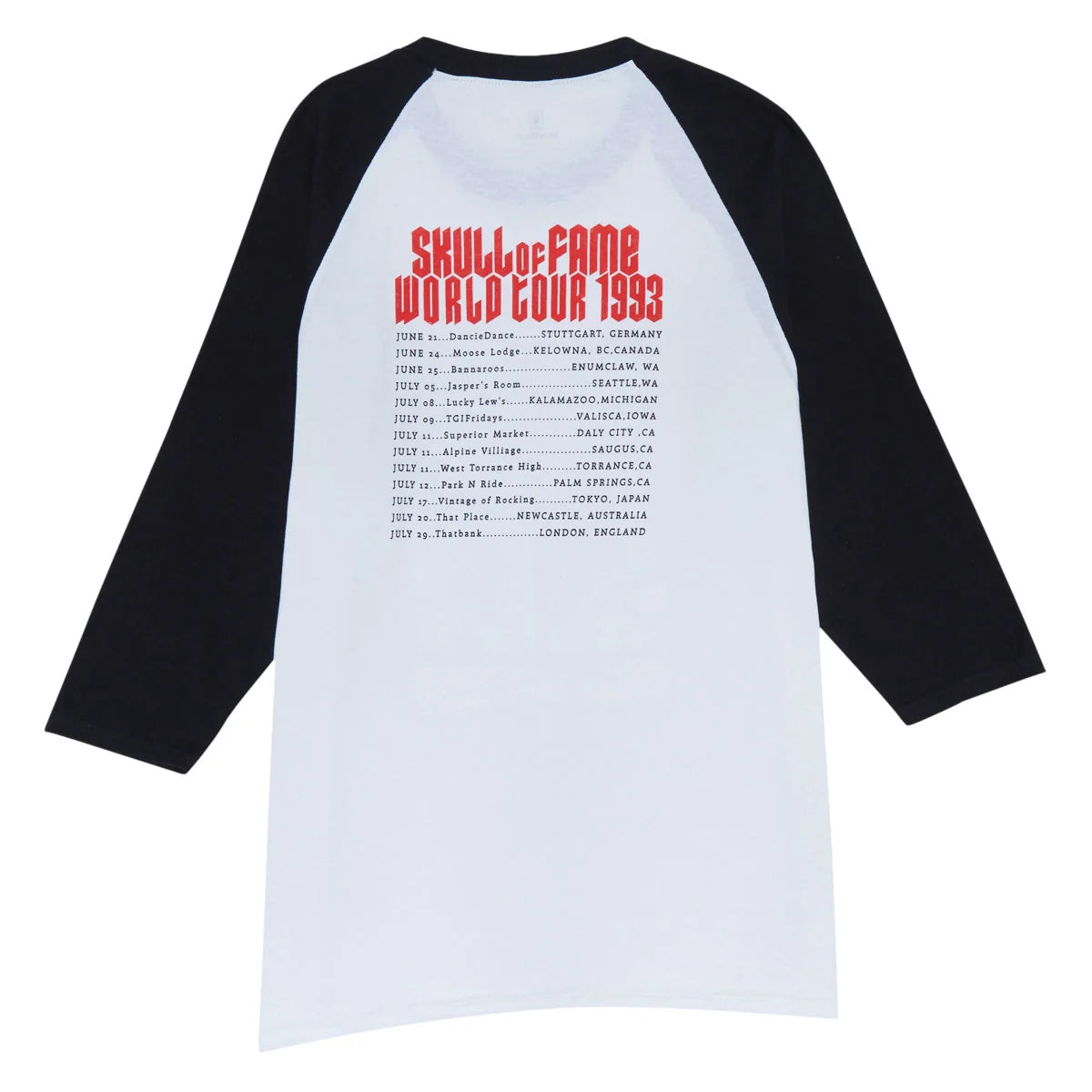 A 3/4 sleeve raglan t-shirt with a white body and black sleeves, featuring a red printed tracklist on the back titled 'Skull of Fame World Tour 1993'.